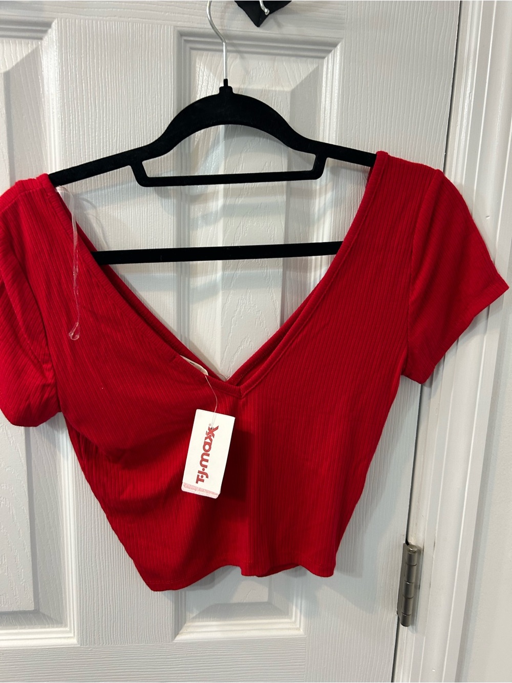Red V-Neck Short Sleeve Women's Crop Top - Picture 5 of 5